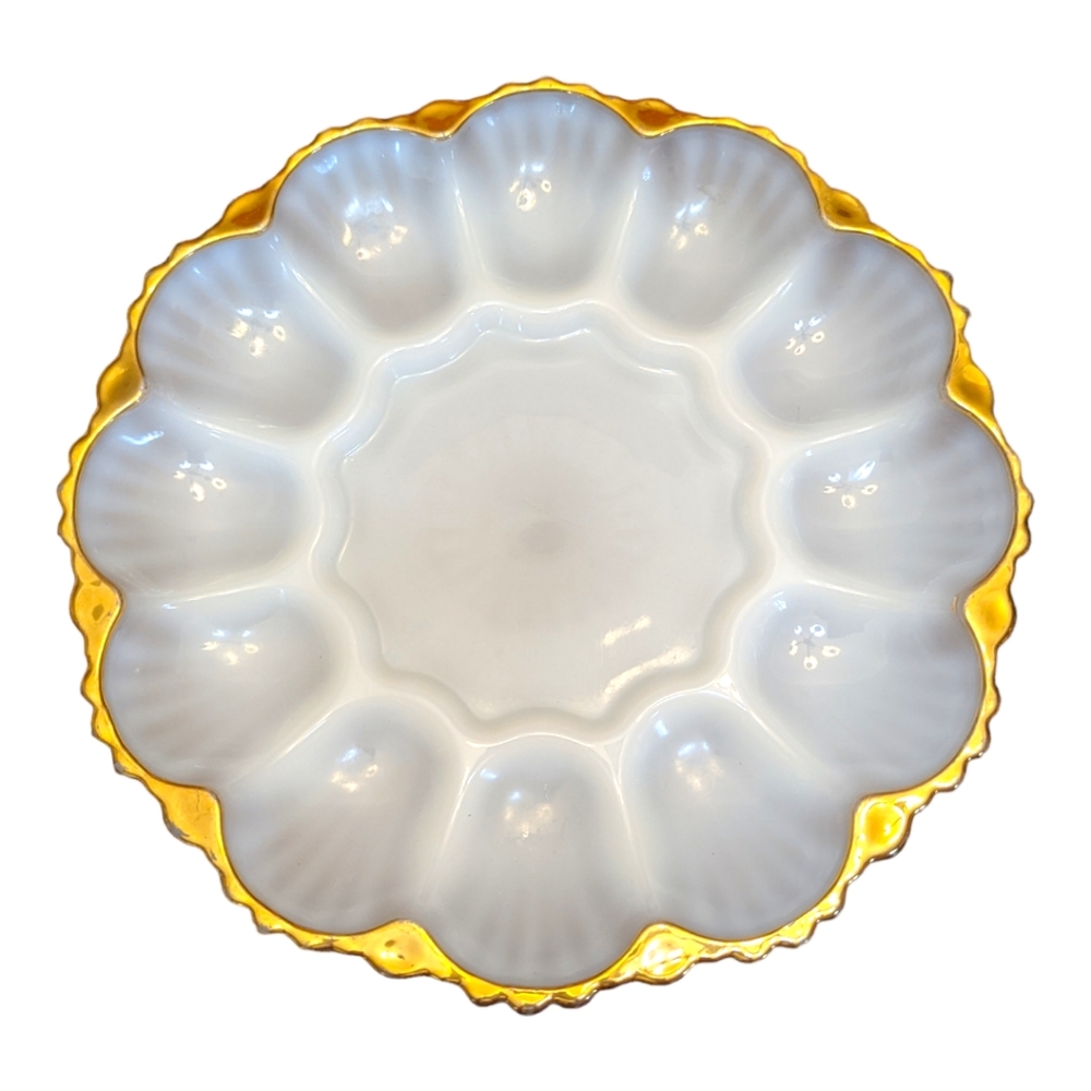 Anchor Hocking Fire King Milk Glass Gold Rim Egg Plate